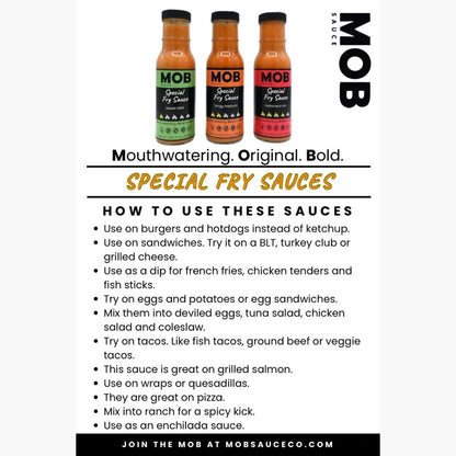 Three bottles of MOB Special Fry Sauces with usage instructions on a white background