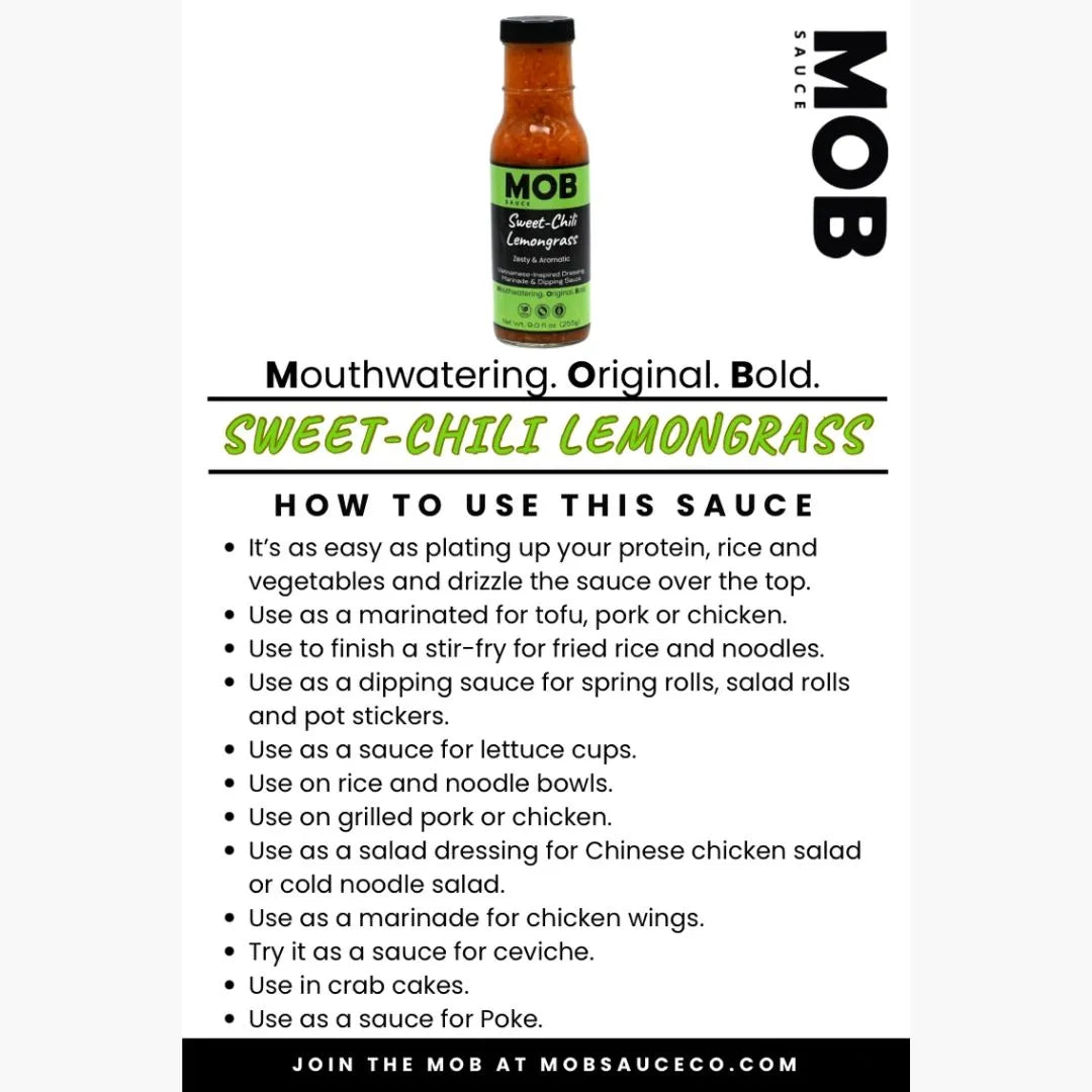 MOB Sweet-Chili Lemongrass sauce bottle with usage instructions on a white background