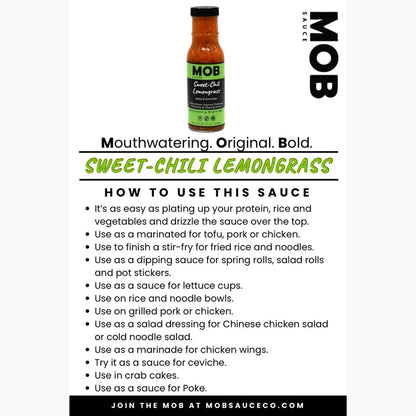 MOB Sweet-Chili Lemongrass sauce bottle with usage instructions on a white background