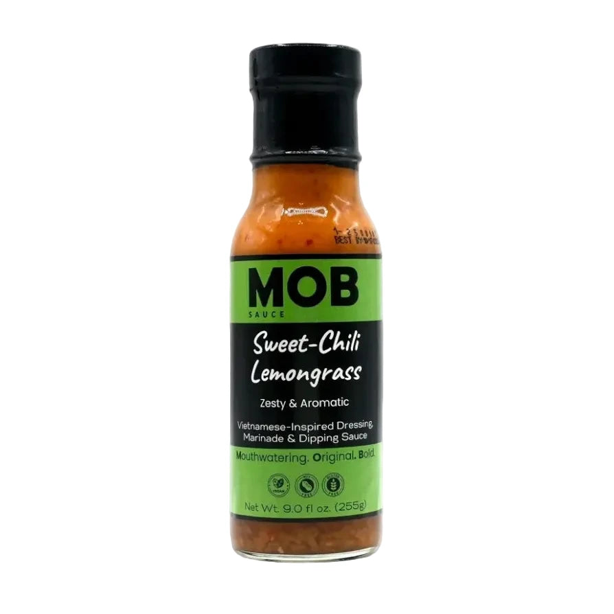 Bottle of MOB Sweet-Chili Lemongrass sauce on a white background