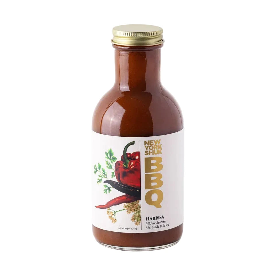 Bottle of New York Style BBQ Harissa sauce on a white background
