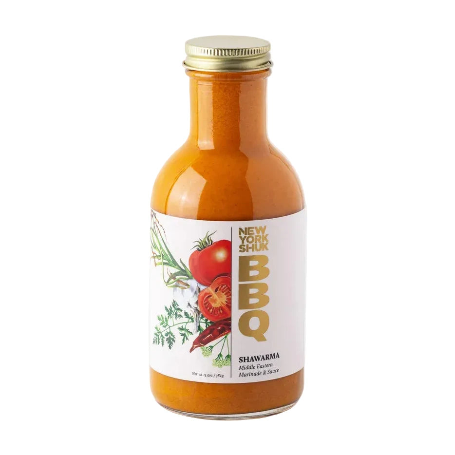 Bottle of New York Shuk BBQ sauce on a white background
