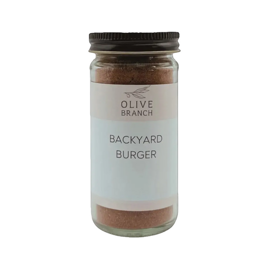 Jar of 'Backyard Burger' seasoning with 'Olive Branch' label on a white background