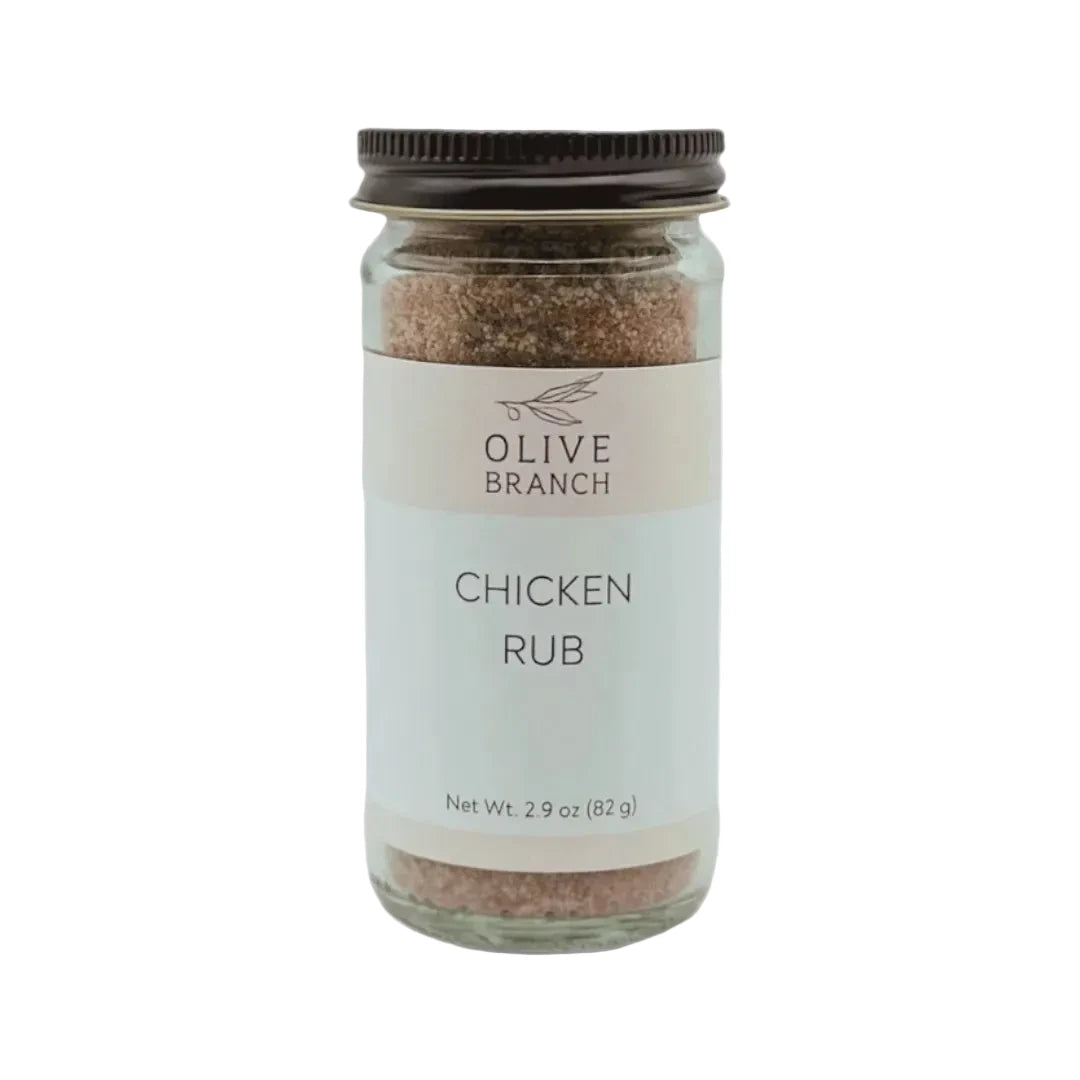 Jar of Olive Branch Chicken Rub on a white background