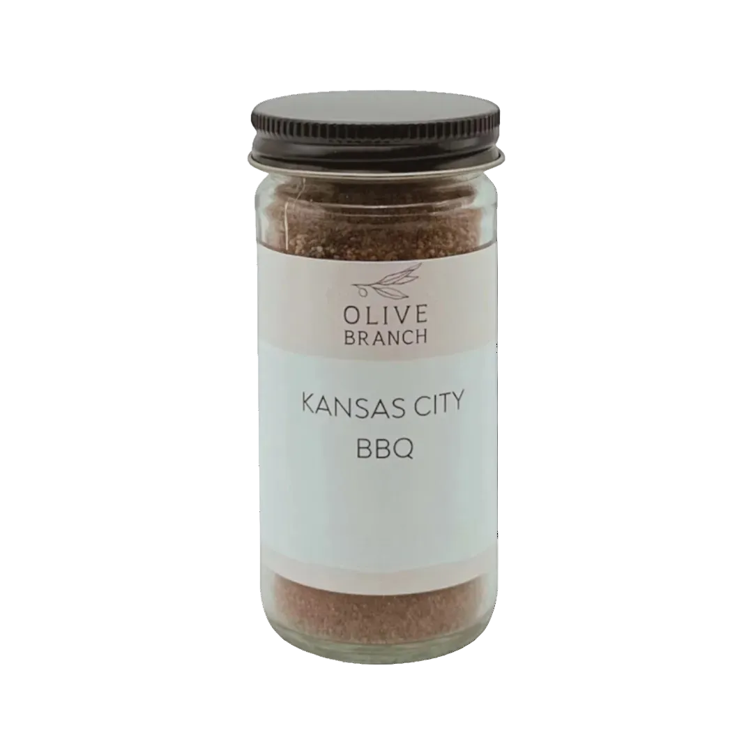 Jar of Kansas City BBQ seasoning with Olive Branch label on a white background