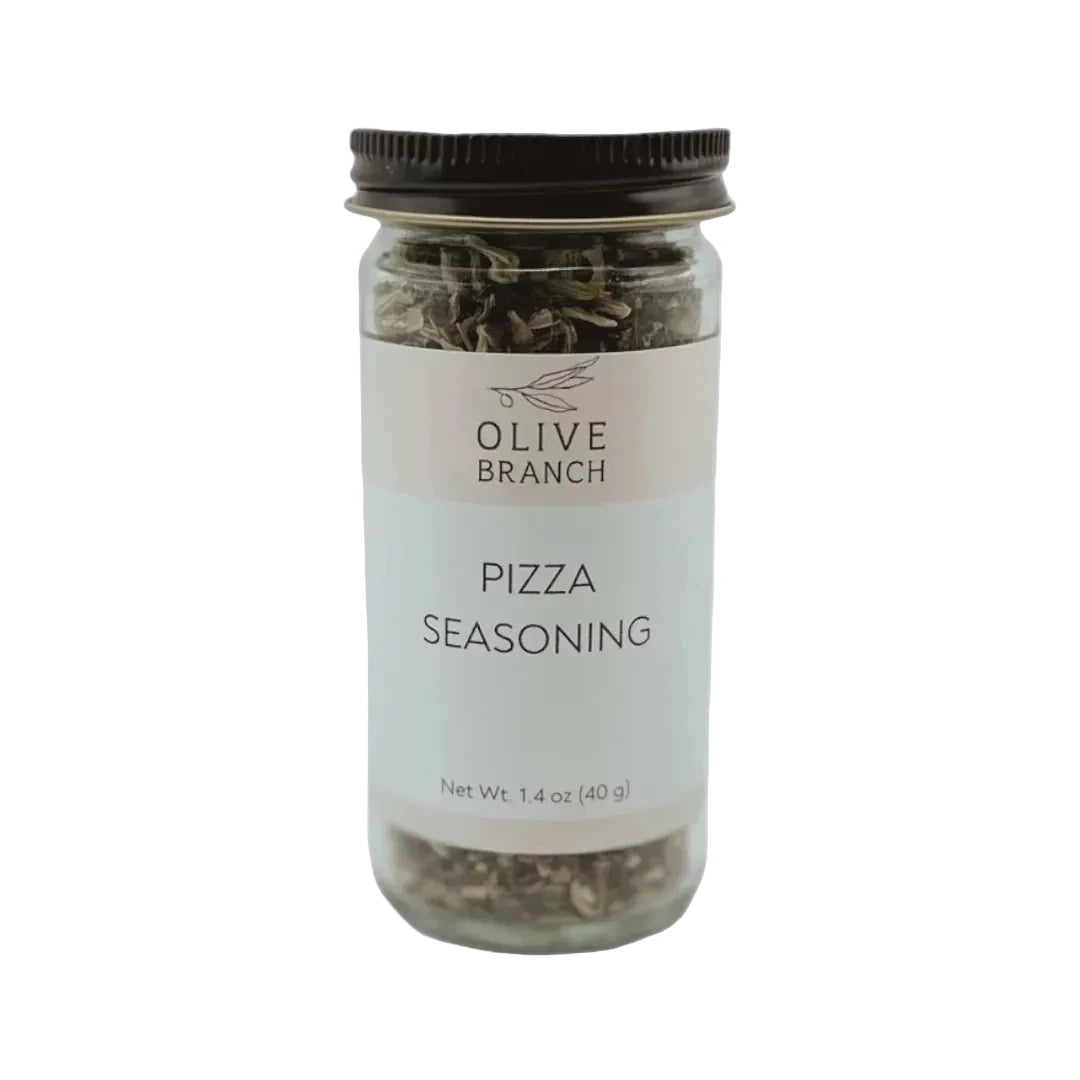 Jar of Olive Branch Pizza Seasoning on a white background