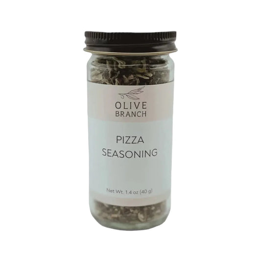 Jar of Olive Branch Pizza Seasoning on a white background