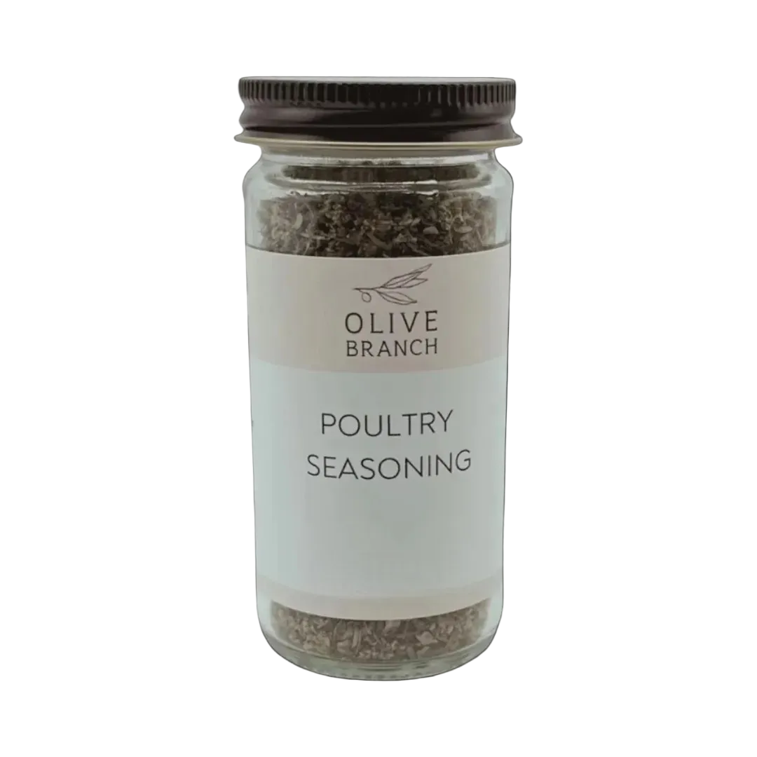 Jar of olive branch poultry seasoning on a white background