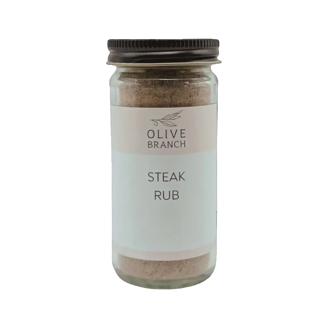 Jar of Olive Branch Steak Rub on a white background