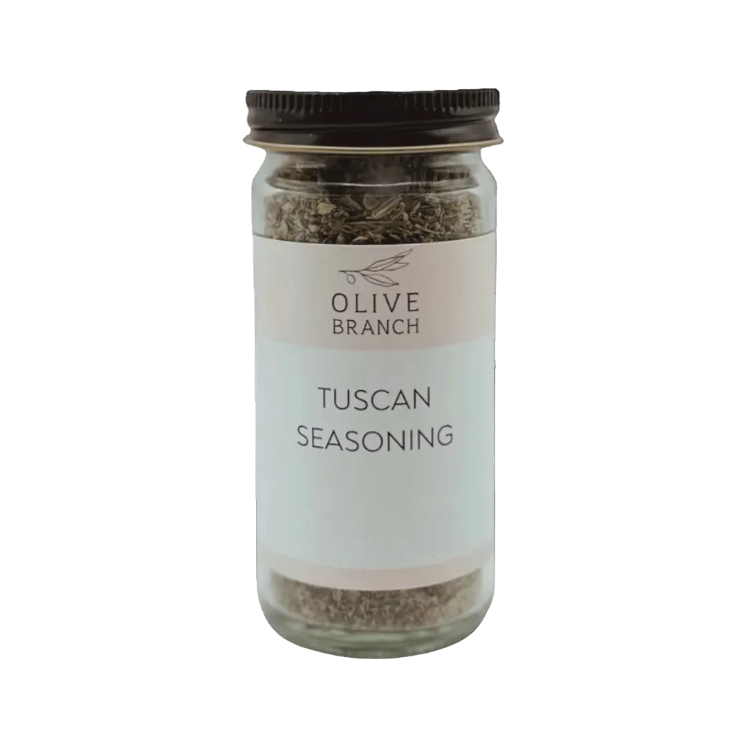 Jar of Tuscan seasoning with 'Olive Branch' label on a white background