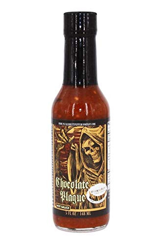 Puckerbutt Chocolate Plague Hot sauce bottle with a label featuring a skeleton and text on a white background