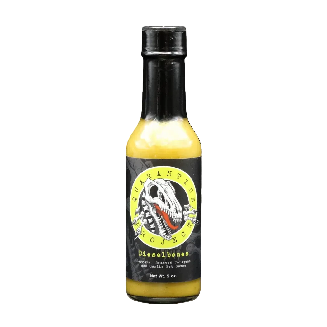 Quarantine Project Hot sauce bottle with black and yellow label on a white background