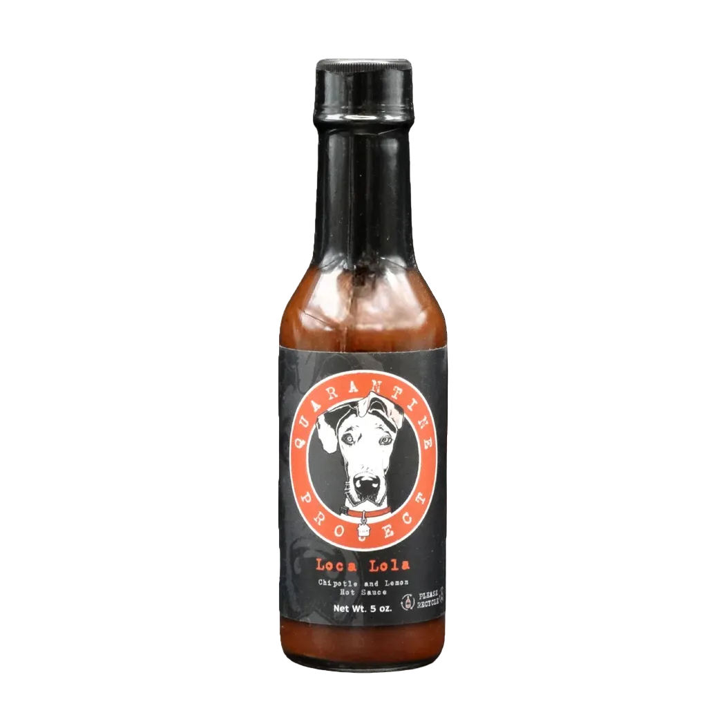 Bottle of Quarantine Project Loca Lola hot sauce with a black label on a white background