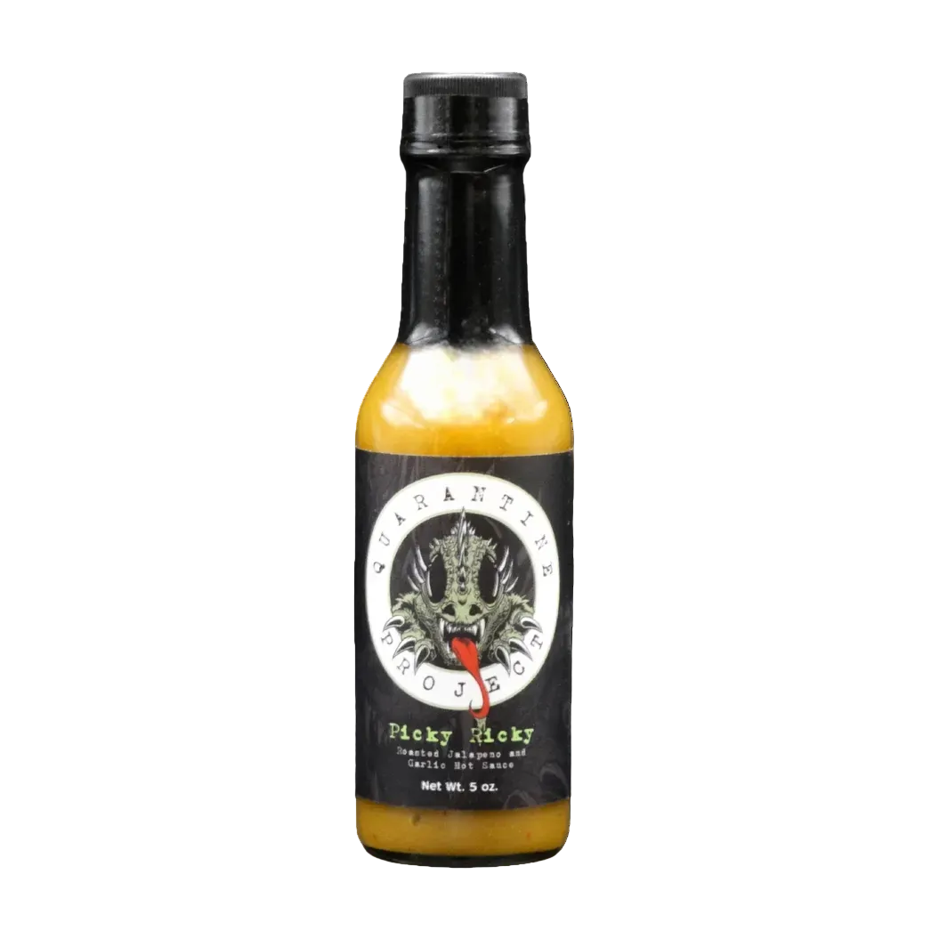 Bottle of Quarantine Project Picky Ricky hot sauce with a black label on a white background
