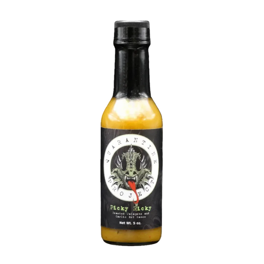 Bottle of Quarantine Project Picky Ricky hot sauce with a black label on a white background
