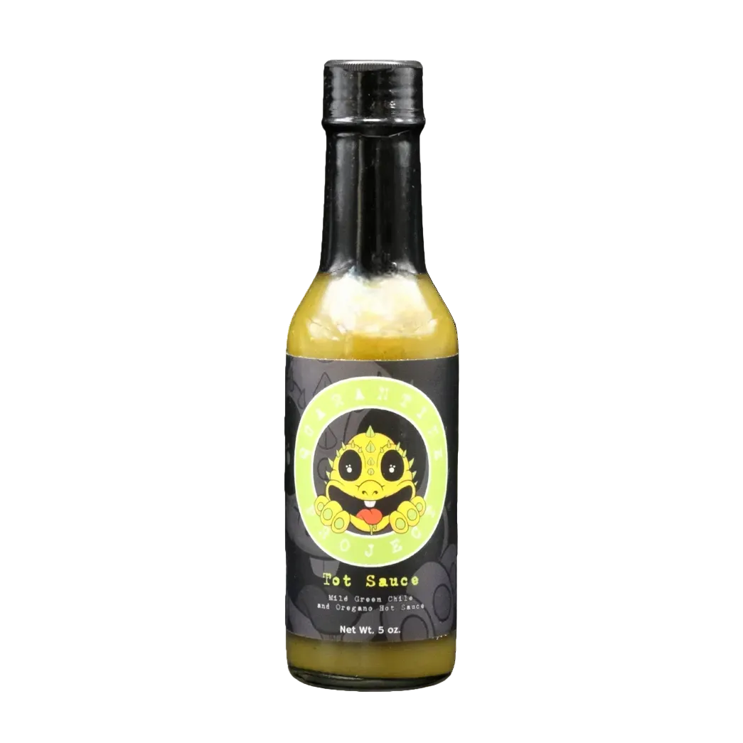 Bottle of Quarantine Project Tot Sauce with a cartoon character label on a white background