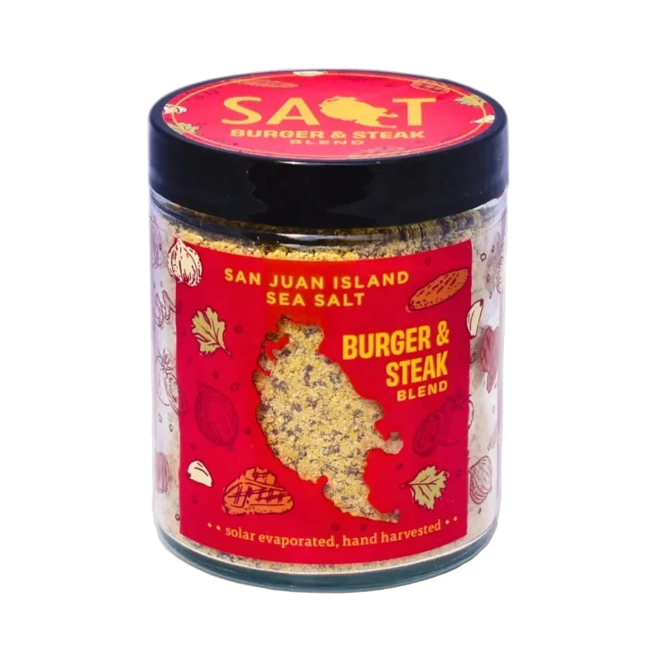 Jar of San Juan Island Sea Salt Burger & Steak Blend on a white background