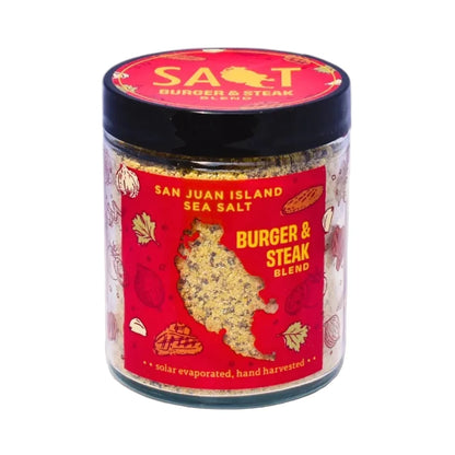 Jar of San Juan Island Sea Salt Burger & Steak Blend on a white background