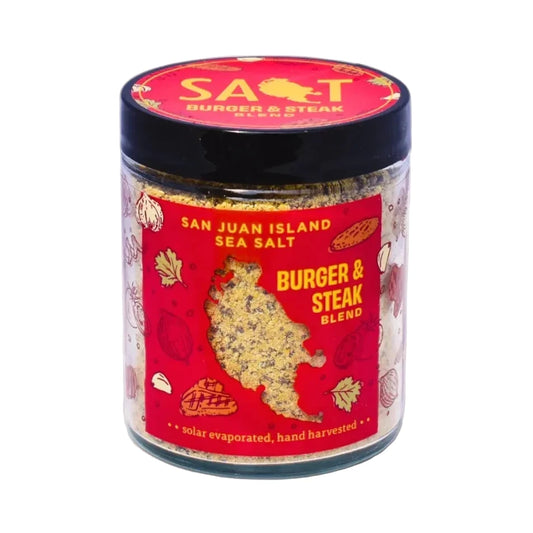 Jar of San Juan Island Sea Salt Burger & Steak Blend on a white background