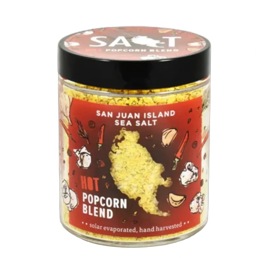 Jar of San Juan Island Sea Salt Hot Popcorn Blend on a white background