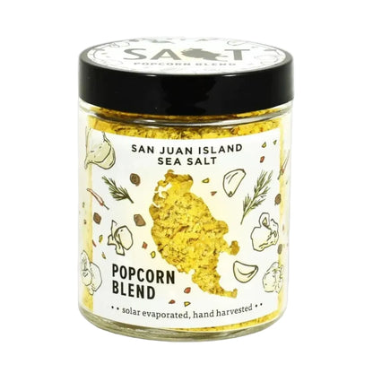 Jar of San Juan Island Sea Salt Popcorn Blend on a white background