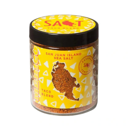 Jar of San Juan Island Sea Salt Taco Blend with yellow and black design on a white background