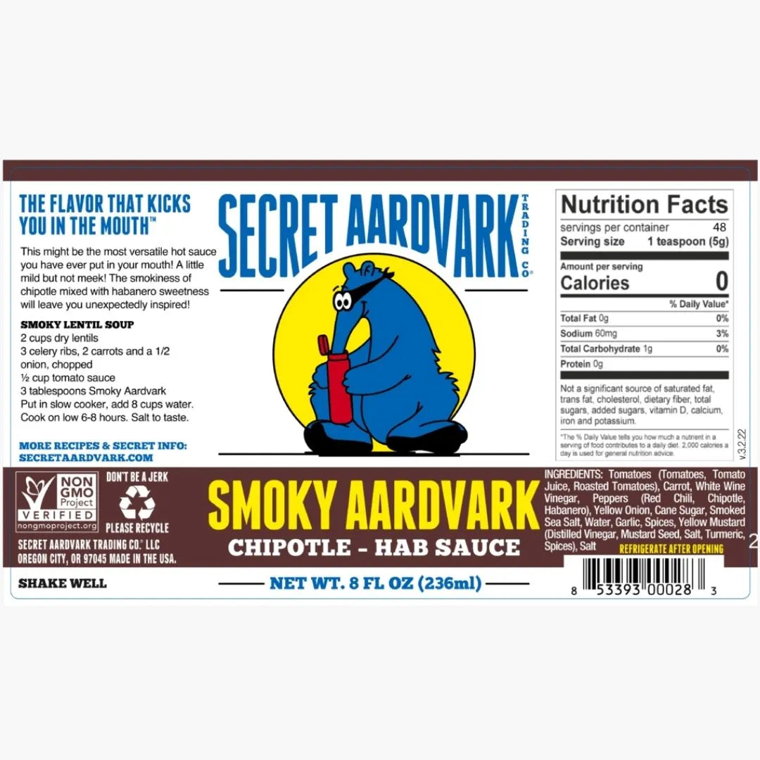 Secret Aardvark Smoky Aardvark Chipotle Hab Sauce label with cartoon aardvark character.