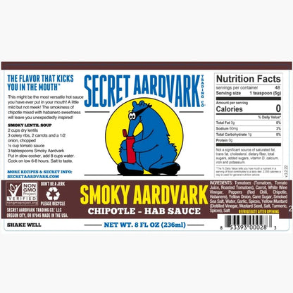 Secret Aardvark Smoky Aardvark Chipotle Hab Sauce label with cartoon aardvark character.
