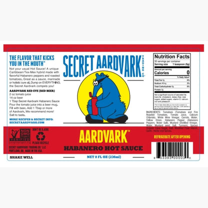 Secret Aardvark Aardvark Habanero Hot Sauce label with cartoon aardvark character.