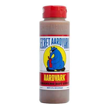 Bottle of Secret Aardvark hot sauce with a cartoon character on the label.