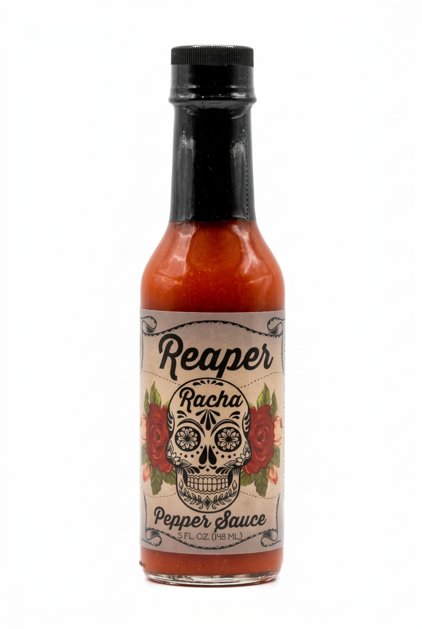 Smokin Ed's Reaper Racha hot sauce on a white background