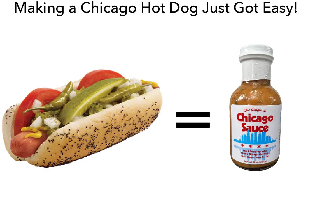 Chicago hot dog with toppings and a bottle of Chicago sauce on a white background