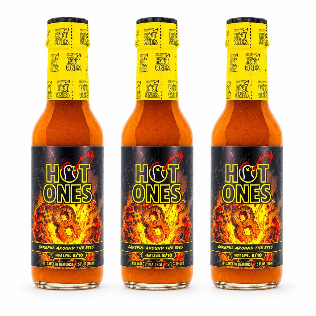 Three bottles of #8 Hot Ones Hot Sauce