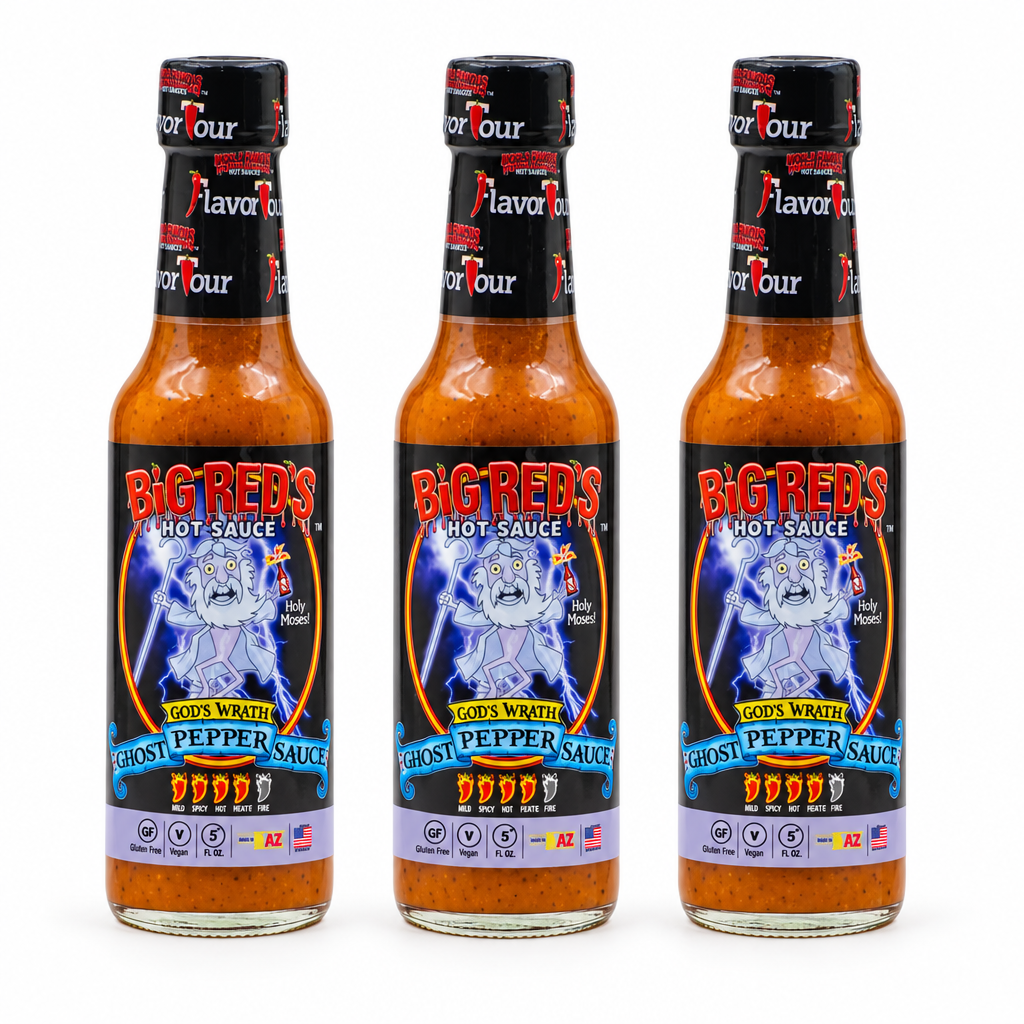 Three bottles of Big Red's God's Wrath Hot Sauce