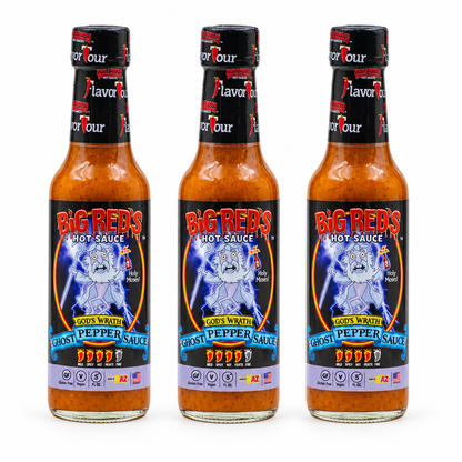 Three bottles of Big Red's God's Wrath Hot Sauce