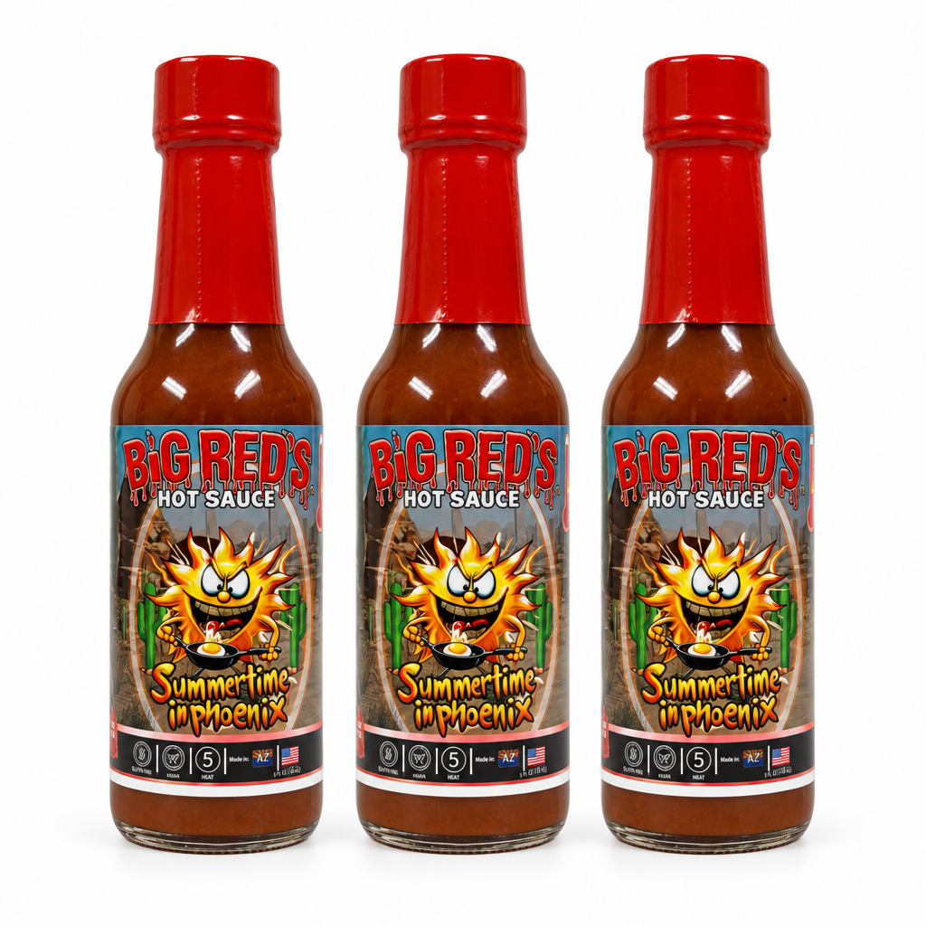 Three bottles of Big Red's Summertime in Phoenix Hot Sauce