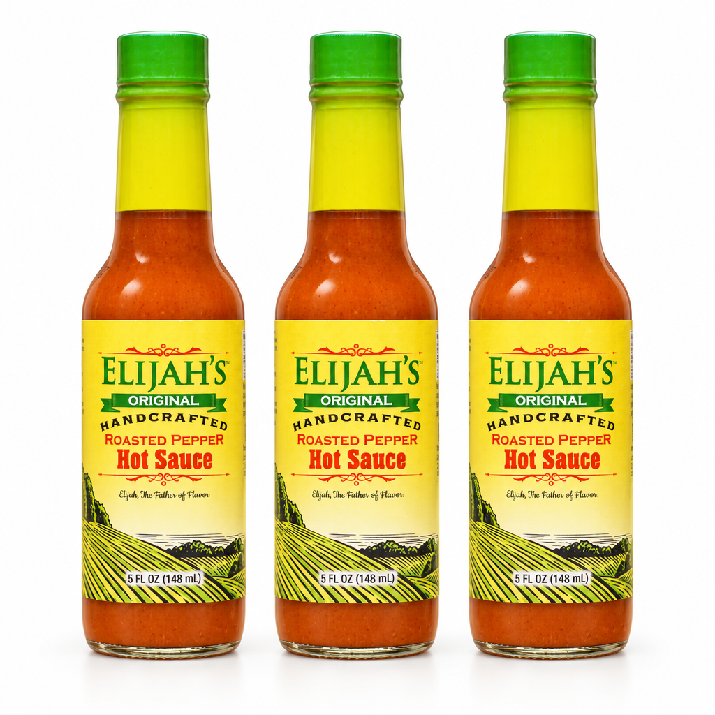 Three bottles of Elijah's Xtreme Original Roasted Pepper Hot Sauce