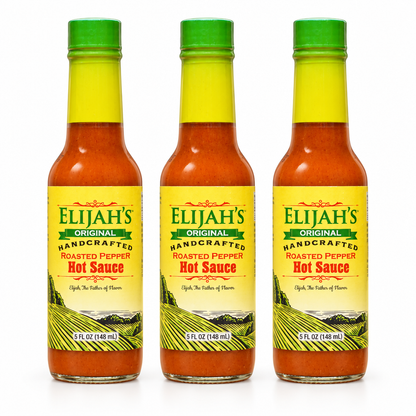 Three bottles of Elijah's Xtreme Original Roasted Pepper Hot Sauce