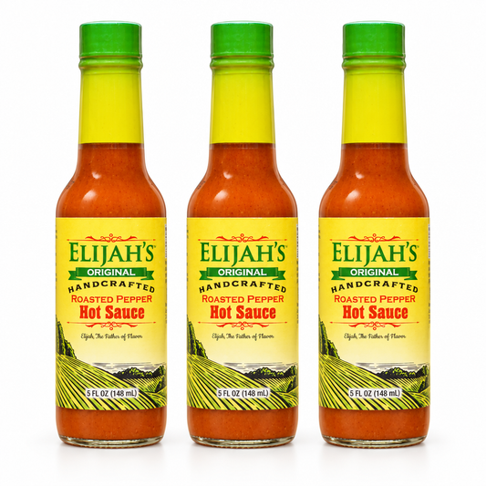 Three bottles of Elijah's Xtreme Original Roasted Pepper Hot Sauce
