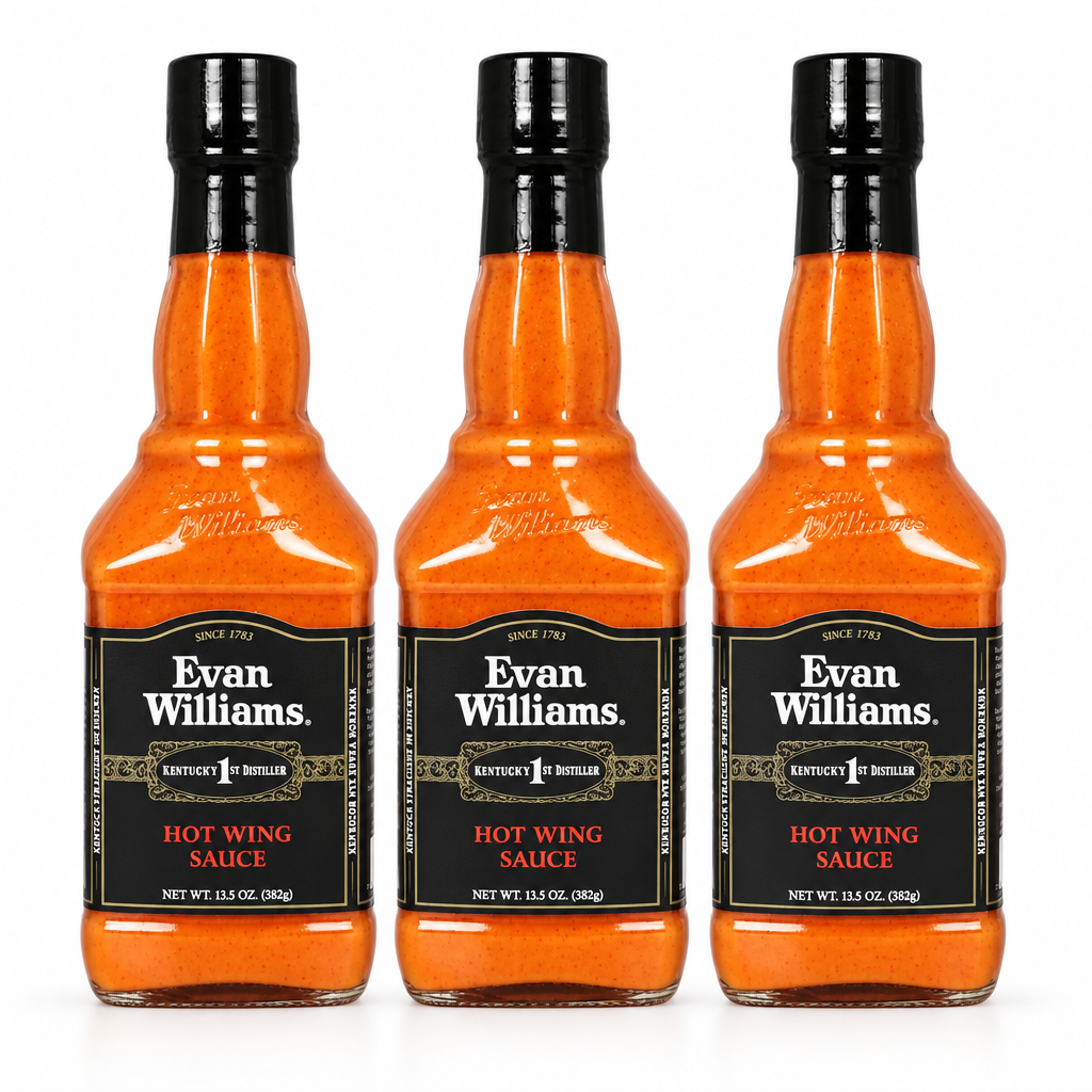 Three bottles of Evan Williams Hot Wing Sauce