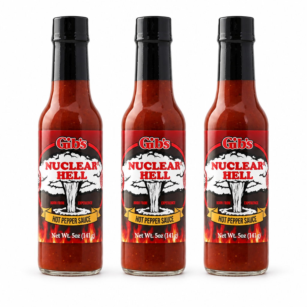 Three bottles of Gibs's Nuclear Hell Hot Sauce
