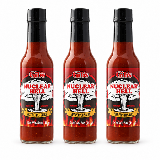 Three bottles of Gibs's Nuclear Hell Hot Sauce