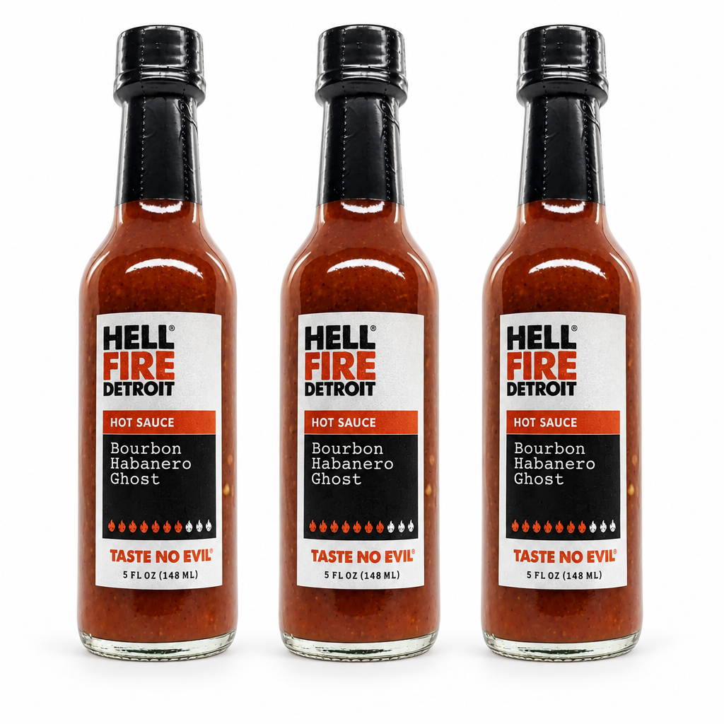 Three bottles of Hell Fire Detroit Bourbon Habanero Ghost