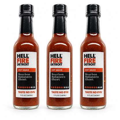 Three bottles of Hell Fire Detroit Bourbon Habanero Ghost