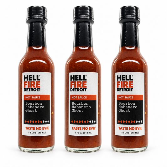 Three bottles of Hell Fire Detroit Bourbon Habanero Ghost