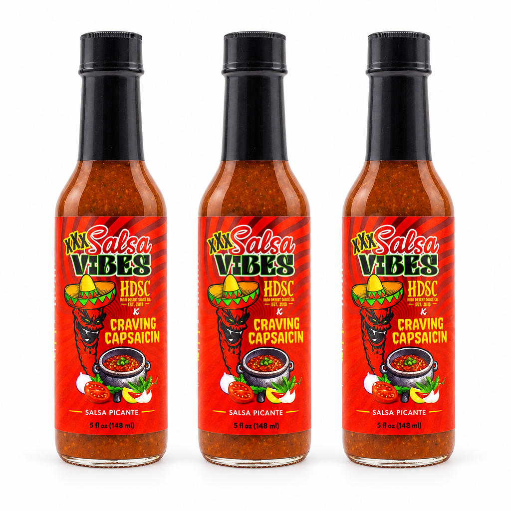 Three bottles of High Desert Salsa Vibes XXX Hot Sauce