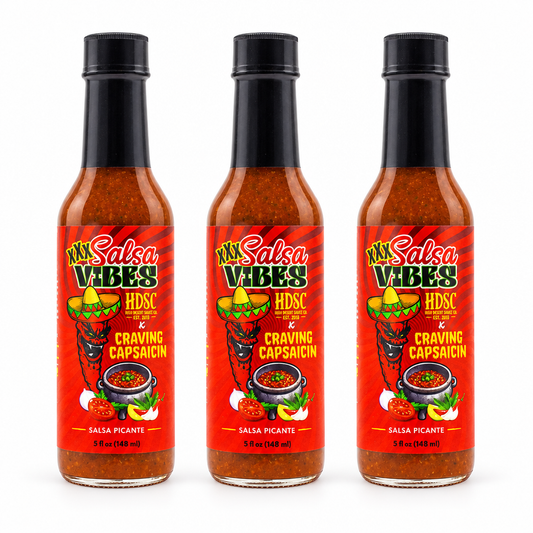 Three bottles of High Desert Salsa Vibes XXX Hot Sauce
