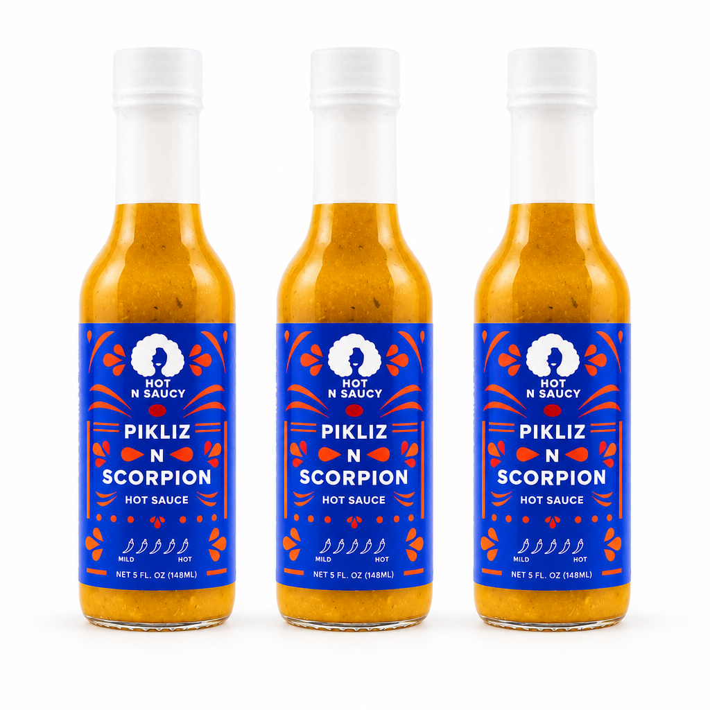 Three bottles of Hot N Saucy Pikliz N Scorpion-hot-sauce