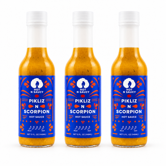 Three bottles of Hot N Saucy Pikliz N Scorpion-hot-sauce