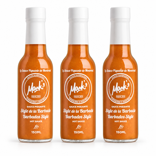 Three bottles of Mark's Barbados Style Hot Sauce